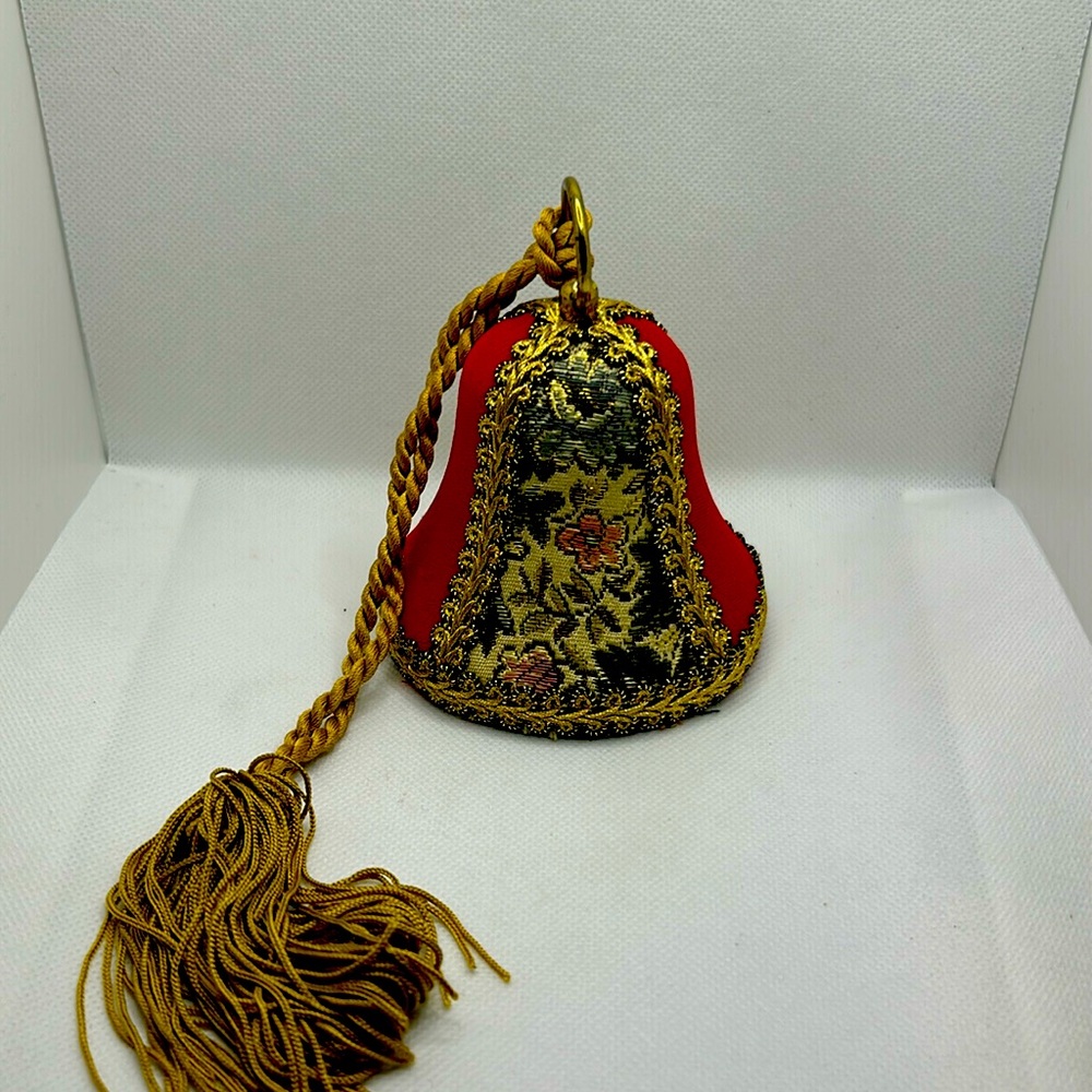 Vintage Christmas Bell Musical Ornament w/ Tapestry Red Velvet Gold Brocade Trim